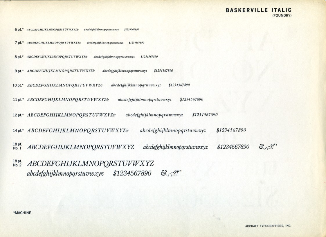 Baskerville Italic type specimen