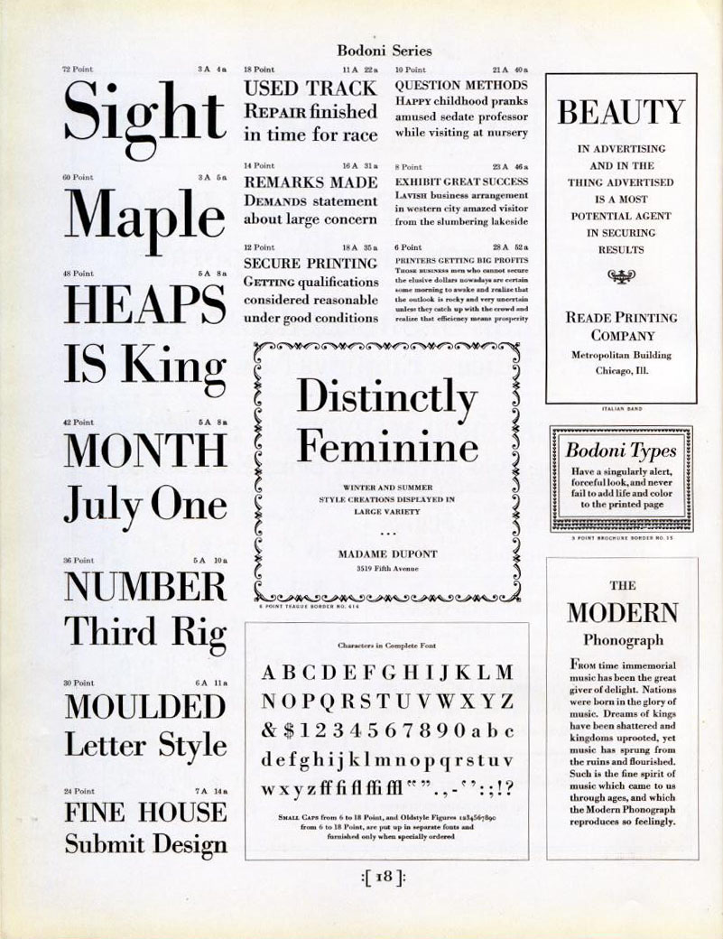 Bodoni type specimen page with roman and italic